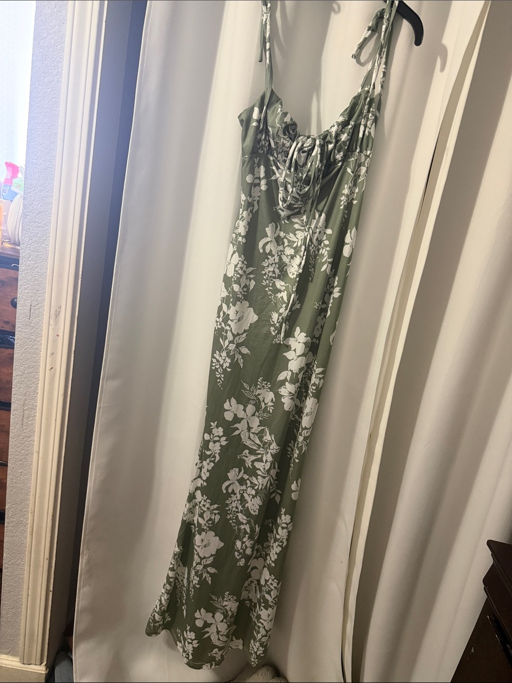 Olive Green Floral Maxi Dress with White Print